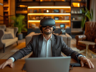Business portrait rich corporate Caucasian man business suit outstretched arms sitting desk office wearing VR headset glasses. Reality using technology work. Concept using modern technology