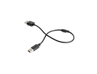 Black USB Type A to USB Type A cable on isolated transparent background.