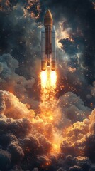 Fototapeta premium Majestic Spacecraft Launch Through Fiery Clouds and Nebula Dramatic Space Exploration Image