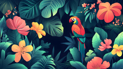 A tropical jungle scene illustrated in bold, flat colors with exotic birds, lush foliage, and vibrant flowers