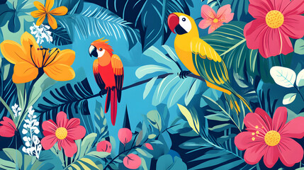Fototapeta premium A tropical jungle scene illustrated in bold, flat colors with exotic birds, lush foliage, and vibrant flowers