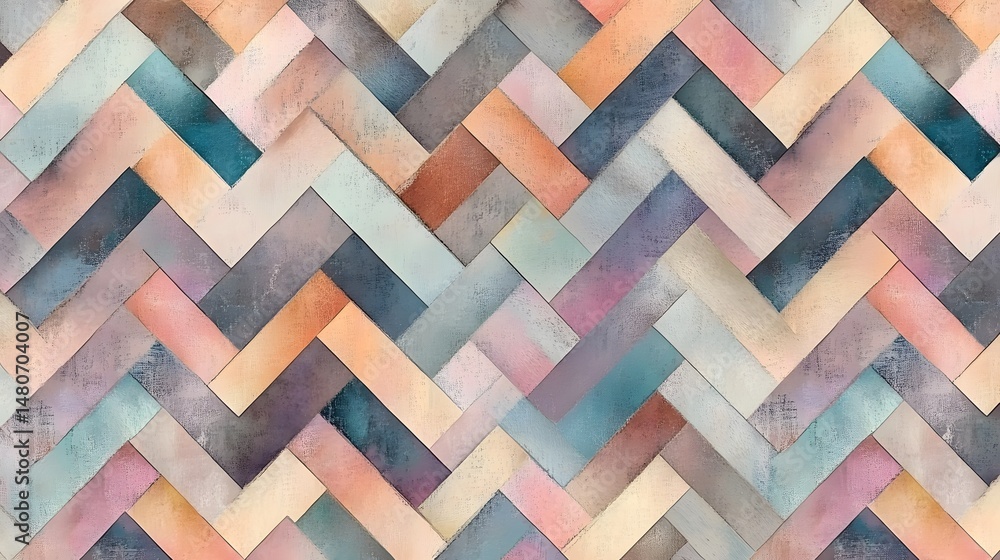 Poster intricate geometric pattern of multicolored, textured rectangles.