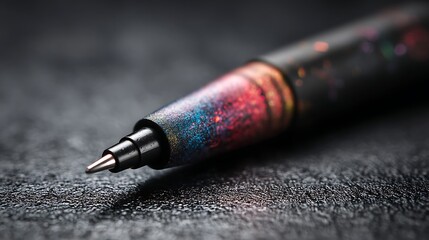 Closeup of a Black and Colorful Digital Stylus Resting on a Dark Textured Surface .