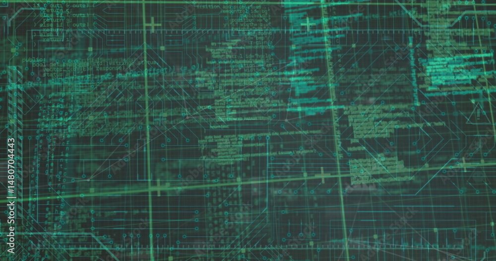 Poster image of data processing over grid on black background