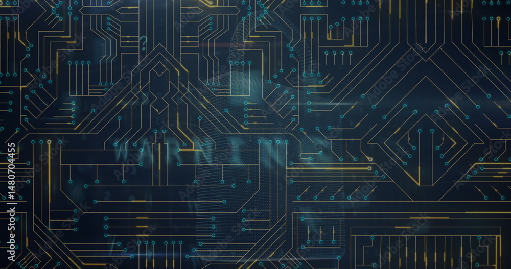 Poster image of network of connections over integrated circuit in black and screen