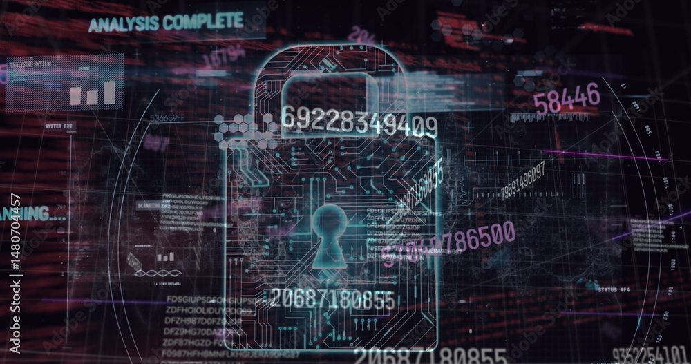 Poster image of changing numbers and security padlock icon over data processing on black background