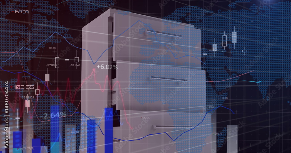 Poster image of statistical data processing over drawer cabinet against world map on blue background
