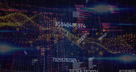 Image of changing numbers and digital wave over data processing against blue background