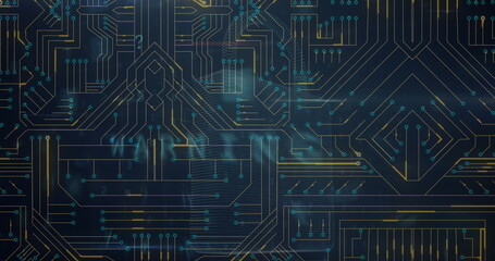 Image of network of connections over integrated circuit in black and screen