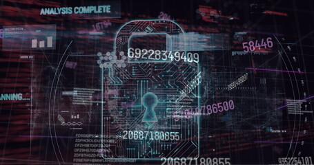 Image of changing numbers and security padlock icon over data processing on black background