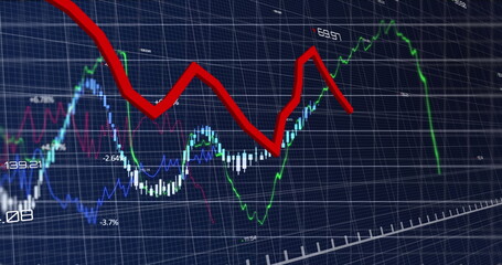 Digital image of financial data processing over grid network against blue background