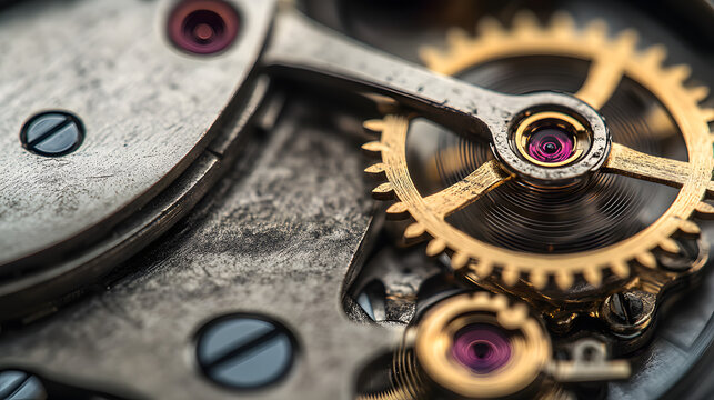 An extreme close-up of a mechanical watch movement, highlighting the intricate gears and metallic surfaces