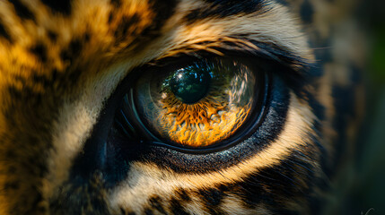 An ultra-detailed close-up of a leopard's eye, reflecting its surrounding jungle in vibrant, sharp clarity