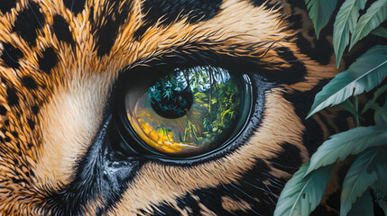An ultra-detailed close-up of a leopard's eye, reflecting its surrounding jungle in vibrant, sharp clarity