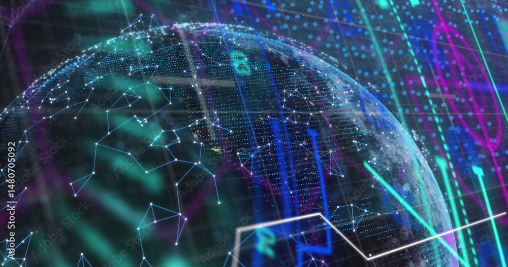 Poster image of globe with network of connections over moving network of connections