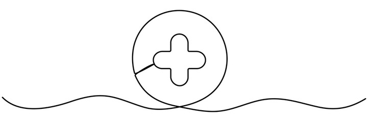 Plus sign inside circle continuous line drawing. Medicine symbol. Vector illustration isolated on white.