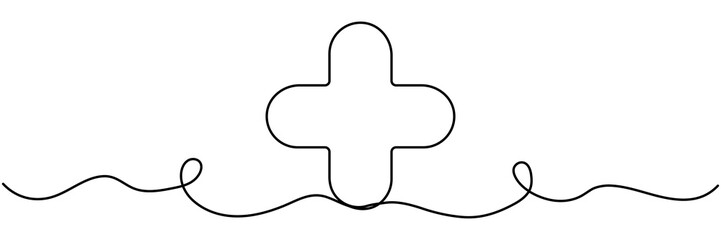 Plus sign continuous line drawing. Medicine symbol. Vector illustration isolated on white.