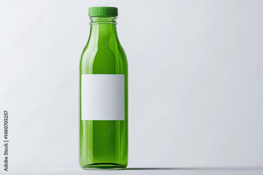 Poster a clear glass bottle with a green cap and a white label sits on a white background. the bottle is po