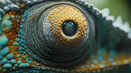 Extreme close-up of a chameleon's eye, showcasing its textured skin and vibrant, color-changing patterns