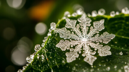 Extreme close-up of a snowflake resting on a leaf, highlighting the intricate and unique crystal structure