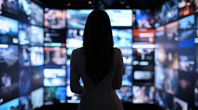 Woman observing many screens displaying images.