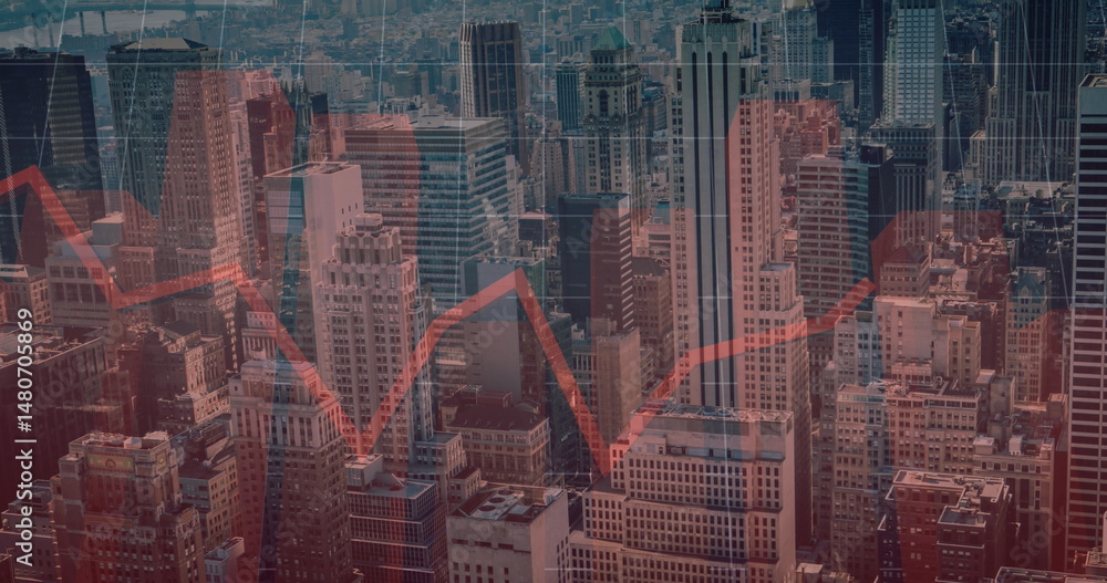 Aufkleber image of financial data processing with red lines over cityscape