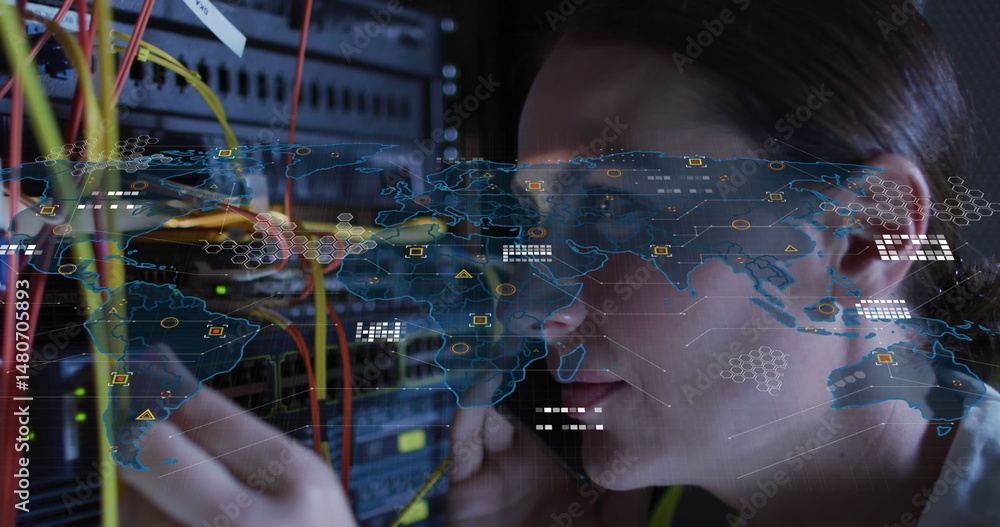 Poster image of data processing, circuit board over caucasian female it technician by computer server