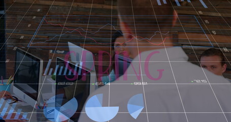 Image of financial data processing over business people working in office