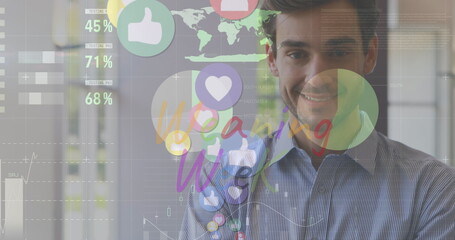 Image of social media icons and numbers over businessman and computer servers