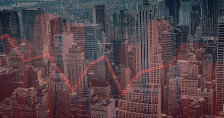 Image of financial data processing with red lines over cityscape