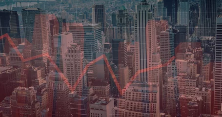Selbstklebende Fototapeten Image of financial data processing with red lines over cityscape © vectorfusionart