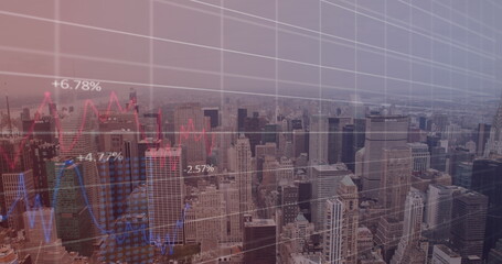 Image of data processing over modern building and grid