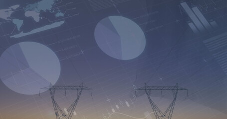 Image of financial data processing and statistics over electricity pylons