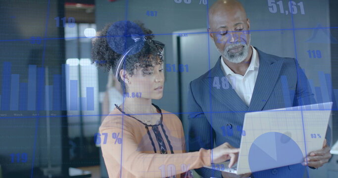 Image of financial data processing over diverse business people in office