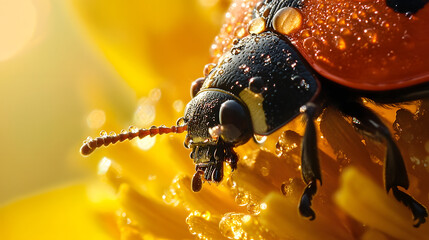 Macro shot of a ladybug's glossy shell, with tiny water droplets clinging to its surface and reflecting light