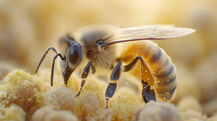Macro shot of a honeybee collecting pollen, focusing on the tiny pollen grains stuck to its fuzzy legs and body