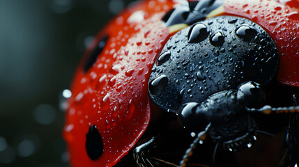 Macro shot of a ladybug's glossy shell, with tiny water droplets clinging to its surface and reflecting light
