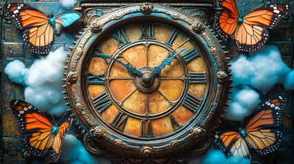 Antique clock surrounded by butterflies and clouds, evokes a sense of ethereal time