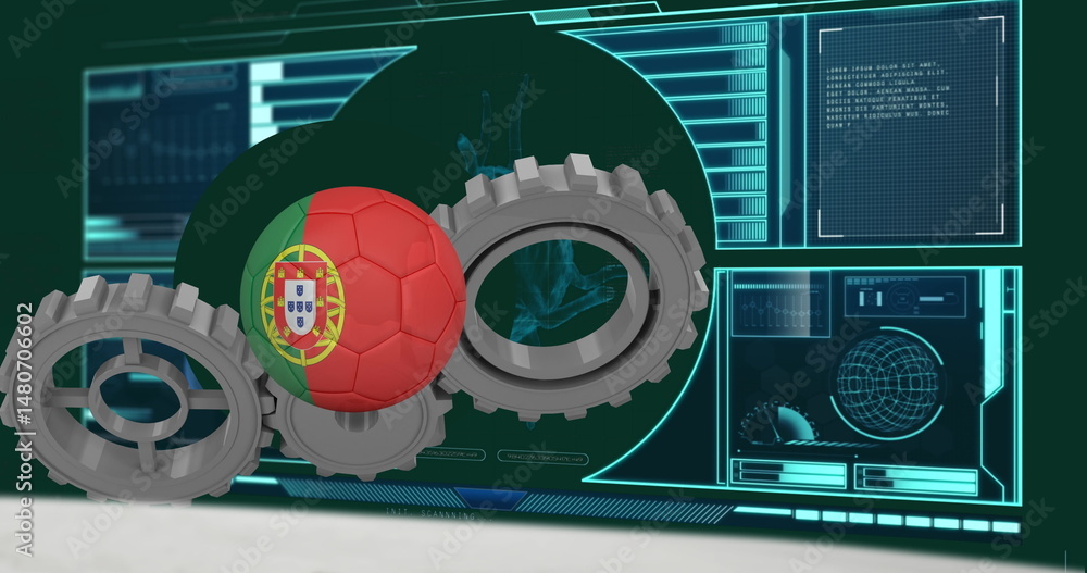 Poster image of ball with flag of portugal over cogs moving and data processing