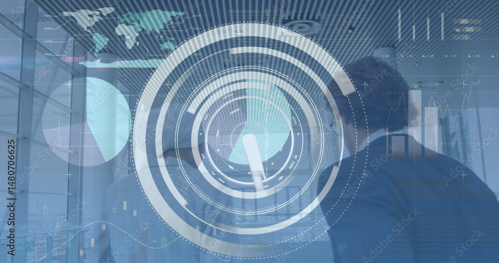 Poster image of scope scanning and data processing over businesswoman with computer servers