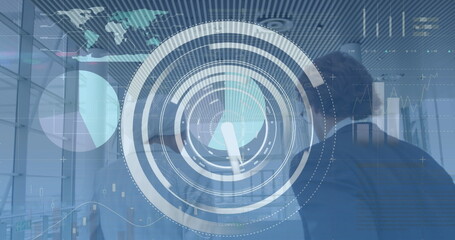 Image of scope scanning and data processing over businesswoman with computer servers