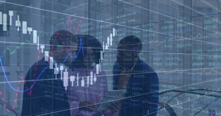 Image of financial data processing over diverse group of business people