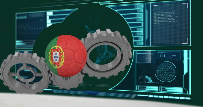 Naklejki Image of ball with flag of portugal over cogs moving and data processing
