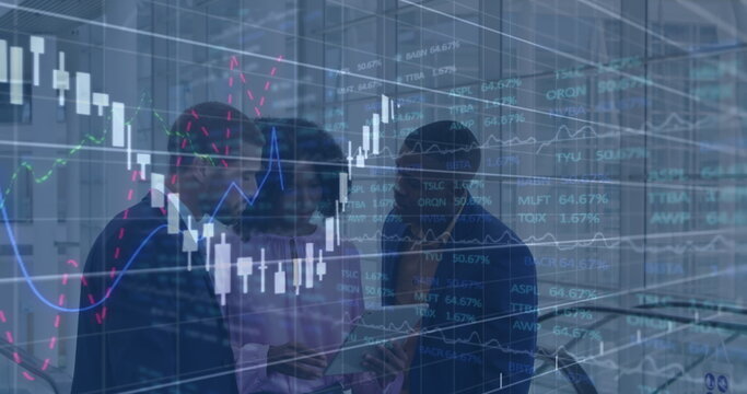 Image of financial data processing over diverse group of business people