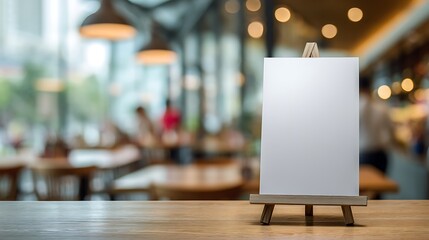 Mock-up of a blank menu label frame on a bar restaurant table, acrylic tent card stand with white sheets, blurred cafeteria background .