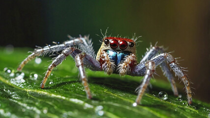 Vibrant Jumping Spider on Dew-Covered Leaf &ndash; Macro Wildlife Close-Up