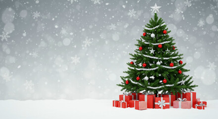 Christmas Tree with Gifts and Snowflakes Silver Background