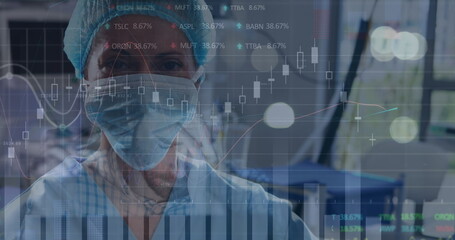 Image of data processing over diverse male doctor and face mask