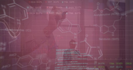 Image of financial data processing over group of diverse business people