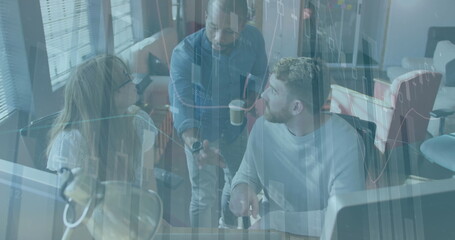 Image of financial data processing over business people working in office